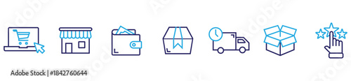 E-commerce Order Tracking Stages. Illustrated icons showing online shopping delivery process from purchase to doorstep.