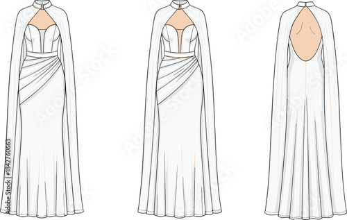Formal gown fashion illustration, sweetheart neckline with sheer cape, cut-out back and draped sash detail, front and back sketch