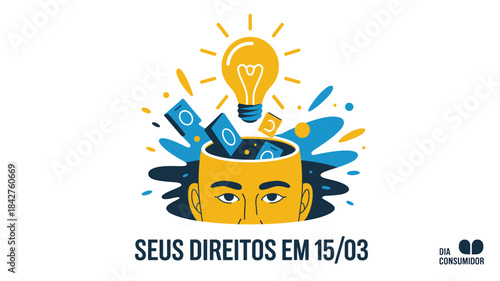 Illustration of a vibrant illustration of a mans face with a lightbulb and symbols emerging from his head in a creative concept