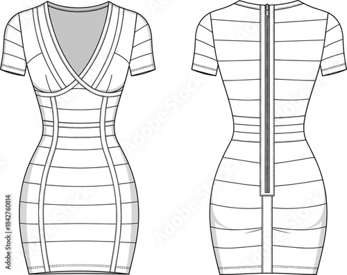Short sleeve bodycon dress flat sketch, deep V-neck wrap bodice, bandage seam detail, front and back technical fashion illustration