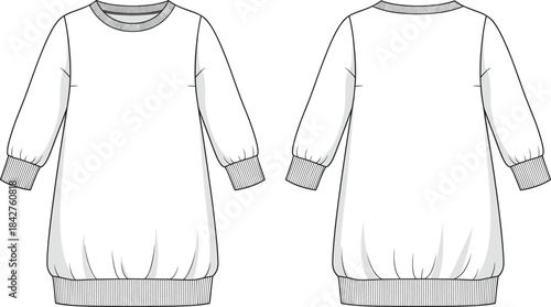 Long sleeve tunic dress flat sketch, round neckline with ribbed cuffs and hem, relaxed silhouette, front and back fashion illustration