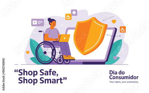 Illustration of shop safe and smart consumer protection awareness illustration with shield and laptop on