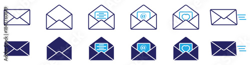 Mail Message Linear Icons Collection. Minimal outline email, envelope, and notification symbols for web, app, and UI communication design. Editable vector.