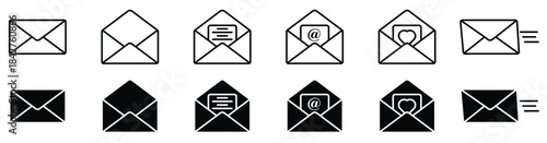 Envelope and Email Outline Icon Set. Line style symbols for digital communication, messaging, inbox, and contact interface. Editable stroke vector illustration.