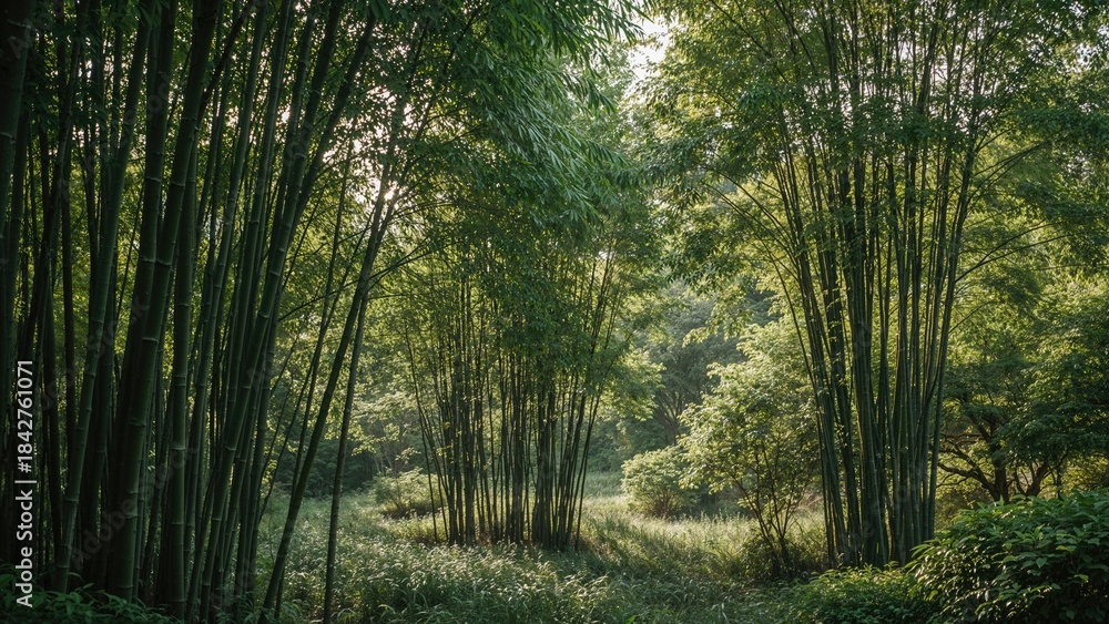 Obraz premium Dense bamboo forest with lush green foliage and sunlight filtering through the trees. Nature and landscape scene. Forest environment and greenery. The concept of natural habitat and biodiversity