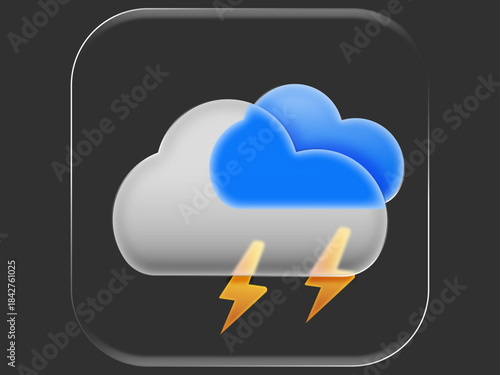 Glossy Liquid Glass Thunder Weather Icon Glass Morphism. 3D Cloud with Blue Raindrops, Modern UI Symbol, Soft Glow, Gradient Glass Effect, Vector Illustration for Apps and Interfaces