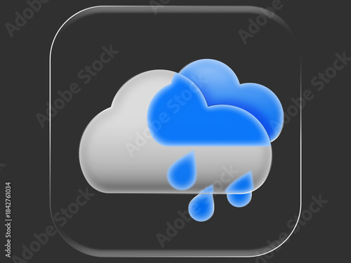 Glossy Liquid Glass Rain Weather Icon Glass Morphism on Dark Background. 3D Cloud with Blue Raindrops, Modern UI Symbol, Soft Glow, Gradient Glass Effect, Vector Illustration for Apps and Interfaces