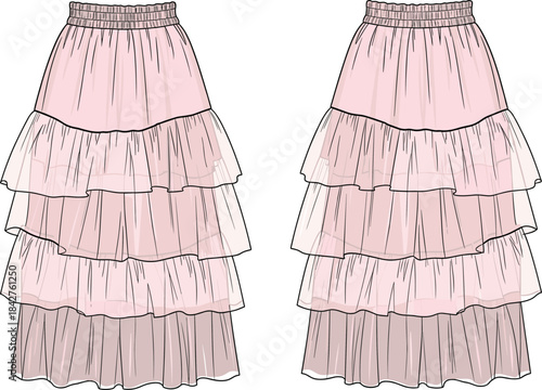 Tiered skirt fashion illustration, ruffled layers and elastic waistband detail, sheer fabric texture, front and back garment design sketch