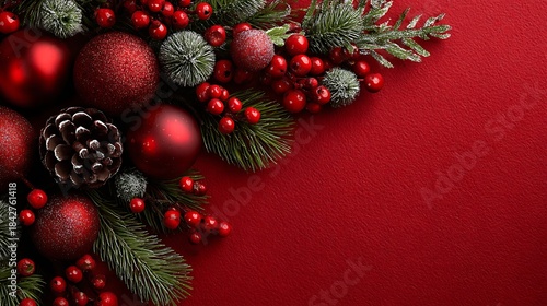 Festive christmas decorations on a deep red background with pine branches and red berries