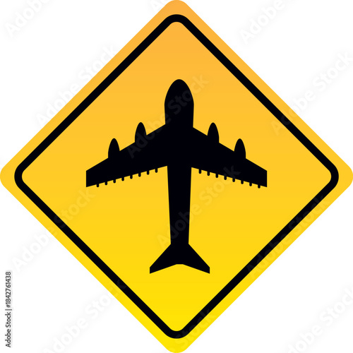 Airplane warning sign yellow diamond symbol for airport traffic or aviation hazard vector illustration isolated on white background
