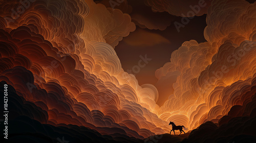 Majestic Skies and Freedom's Embrace: Witness the ethereal beauty of a solitary horse, silhouetted against a dramatic sky, evoking a sense of unbound freedom.