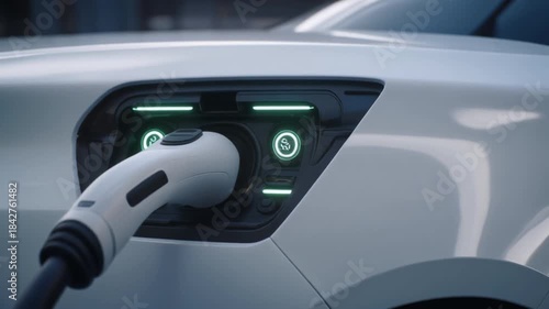 Hand holding electronic gas pump nozzle near vehicle fuel tank and dashboard controls