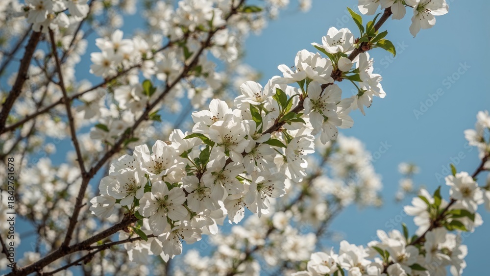 Obraz premium Cherry blossom branch with white flowers against a blue sky.