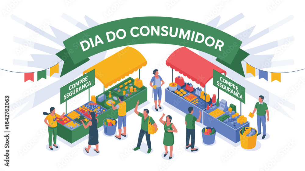 Fototapeta premium Illustration of vibrant consumer day market scene with people shopping and colorful stalls