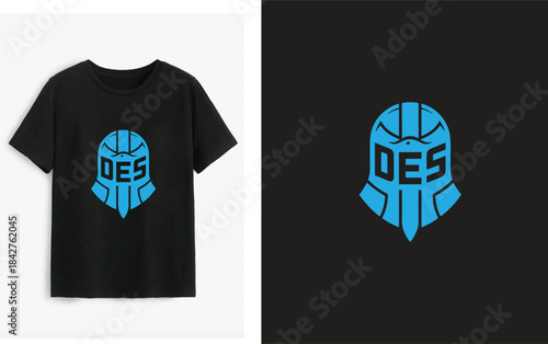 A black t-shirt featuring a unique blue knight helmet logo design with des text