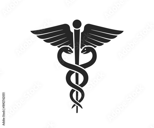 Silhiuette caduceus symbol featuring two intertwined snakes and prominent wings at the top, widely recognized as an emblem for medicine, health, and pharmacy professions, isolated
