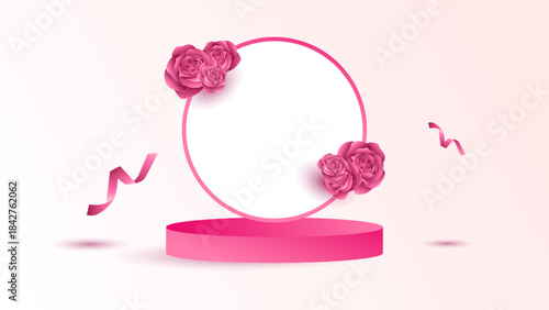 A minimalist $text{3D}$ product podium in vibrant pink, featuring a round white frame decorated with realistic magenta rose blooms and floating streamers. This elegant and romantic backdrop is ideal 