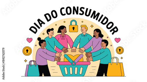Illustration of vibrant illustration of diverse people celebrating consumer day with shopping bags and symbols
