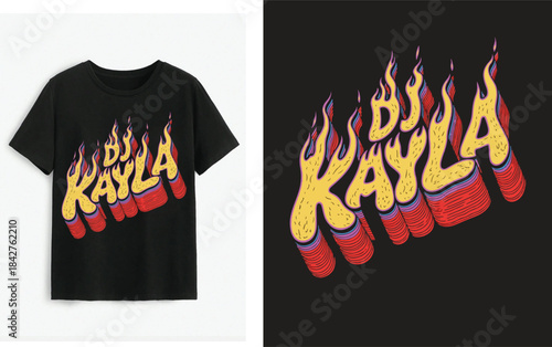 Stylish black crew neck t-shirt featuring 'dj kayla' flaming text graphic design
