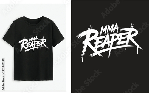 A black t-shirt featuring the white text design 'mma reaper' in a brush stroke font
