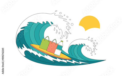 Illustration of a colorful illustration of a surfboard riding a wave with shopping bags under a sunny sky with water splashes
