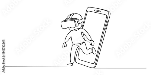 A person wearing a virtual reality headset steps out of a smartphone screen in continuous line art Vector, illustration