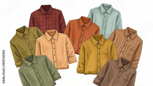 Collection of Mens Long Sleeve Button Down Shirts in Various Earthy Tones.