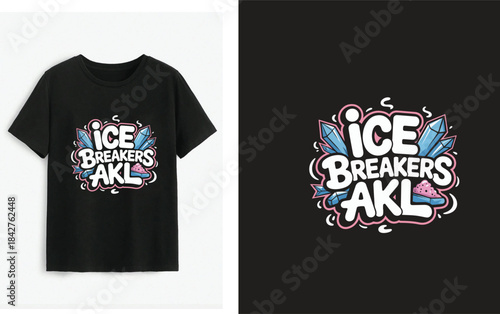 Black t-shirt featuring "ice breakers akl" design with stylized crystals