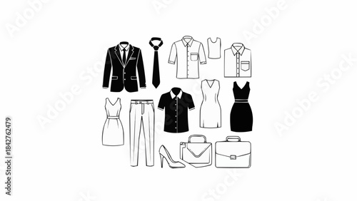 Collection of business attire and accessories for men and women.