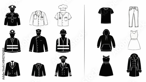 Collection of various professional uniforms and casual clothing items in black and white.