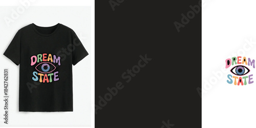 Black t-shirt featuring a psychedelic dream state colorful font and mystical eye graphic design