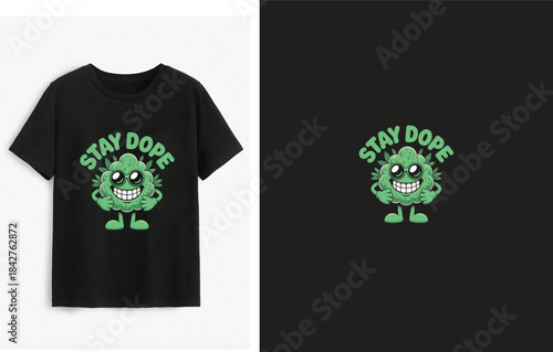 A groovy green weed bud character with a wide smile and "stay dope" text graphic design