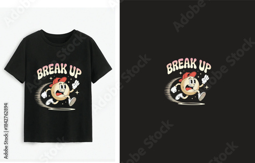 Retro cartoon break up t-shirt design with panicked character running away