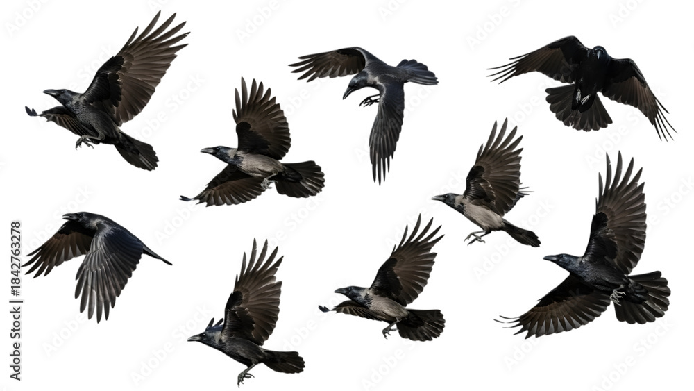 Obraz premium Flock of flying crows isolated on transparent background