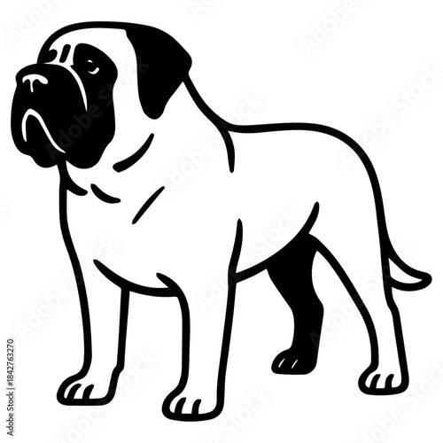 Black and white minimalist vector illustration of a standing English mastiff dog in simple outline style, isolated on a white background.