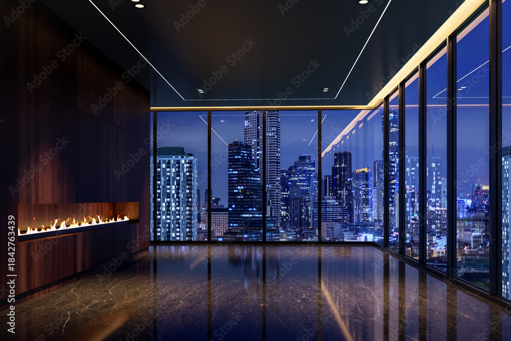 Obraz premium Ultra-luxurious, dark, and modern empty room in a high-rise penthouse 3d render