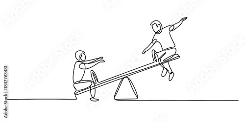 A continuous line art drawing illustrating two children playing on a seesaw Vector, illustration