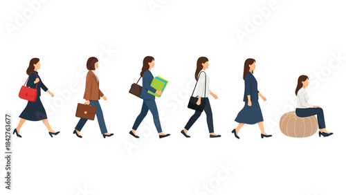 Set of vector illustrations featuring diverse business women characters in walking and sitting poses with accessories in a flat style