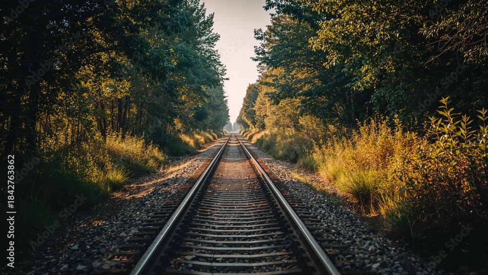 Fototapeta premium Railway tracks through a forested landscape during daytime.