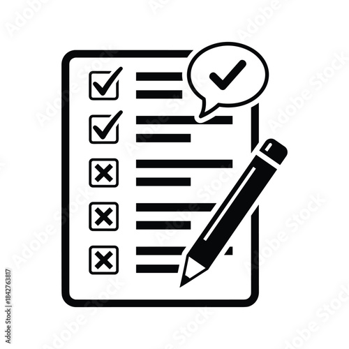 Checking checklist with pencil and speech bubble
