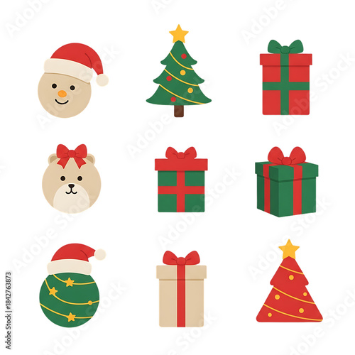 Colorful Christmas Icons Set with Gifts and Trees