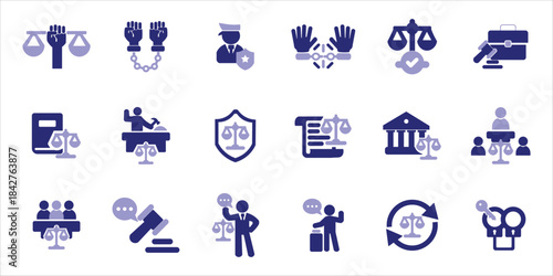 justice icons set. justice, law, court, judgment, legal and more. simple colored vector