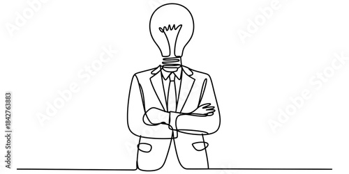 Continuous line drawing of a businessman with a light bulb head symbolizing a bright idea Vector, illustration