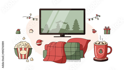 A cozy Christmas movie night scene with a TV, sofa, popcorn, hot chocolate, and festive decorations.