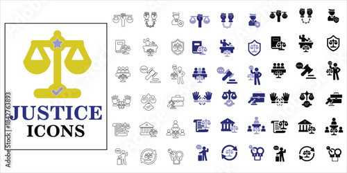 justice icons set. justice, law, court, judgment, legal, fair, case and more. simple complete vector