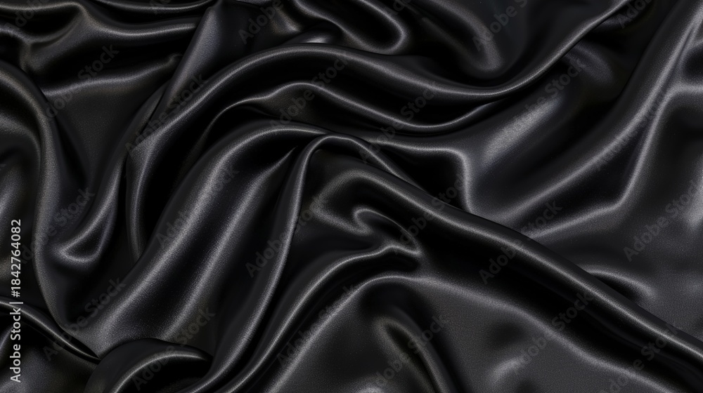 Fototapeta premium Close-up of black satin fabric with smooth, flowing folds and reflective surface