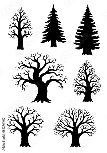 Set of seven hand drawn bare branch deciduous tree and evergreen pine silhouettes in a grunge textured style perfect for creating spooky Halloween or winter designs
