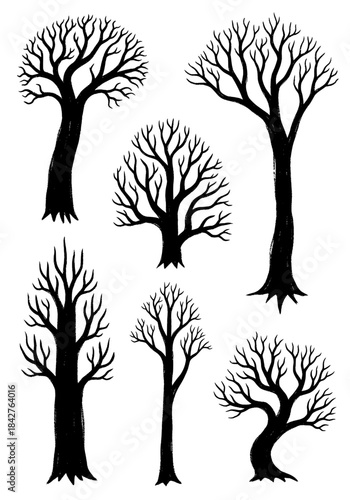 Set of six black hand-drawn silhouettes of spooky bare trees without leaves, depicting winter season or dark gothic forest scenery, isolated on white background vector elements
