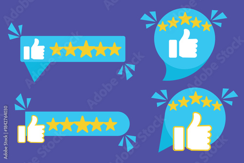 Colorful rating elements featuring thumbs-up icons, stars, and speech bubbles for feedback and review themes.