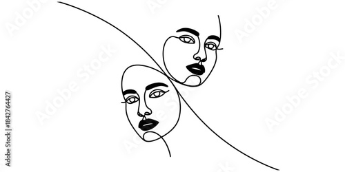 A minimalist continuous line art illustration showing two inverted female faces representing duality Vector, illustration
